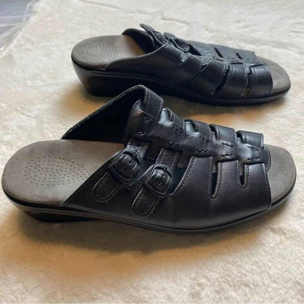 SAS Tripod Comfort Black Leather Slip On Sandals Size 10 N